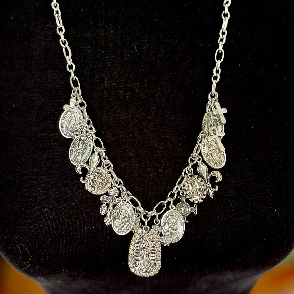 Guadalupe, Saints & Crosses Double Sided Antiqued Silver Tone Festoon Necklace - Picture 6 of 15
